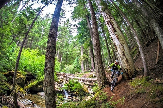 man mountain biking in whistler in autumn