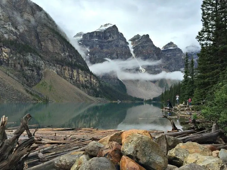 Moraine Lake with mist on mountains