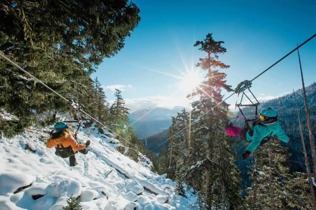 ziplining in whistler in wintertime