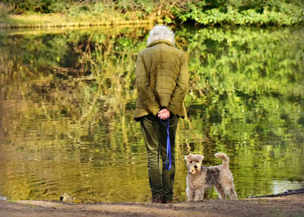 woman and dog by pond