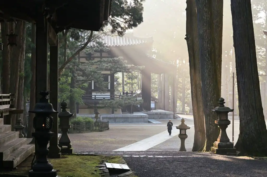Japanese temple with sun rays