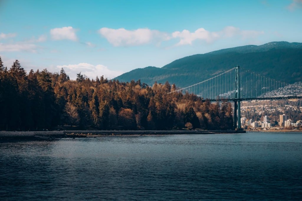 Scenic view of Lions Gate Bridge and Vancouver skyline, surrounded by trees and mountains.