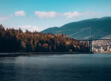 Scenic view of Lions Gate Bridge and Vancouver skyline, surrounded by trees and mountains.